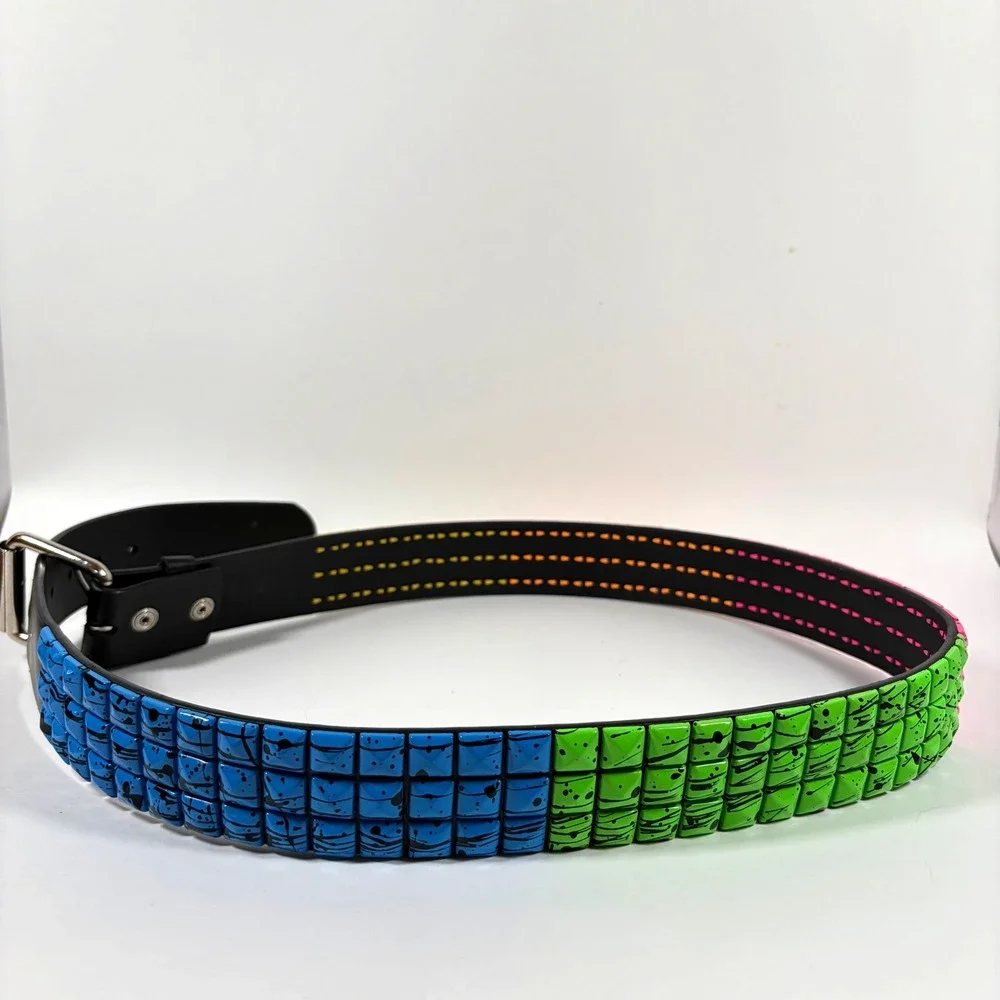 Y2K Neon Spiked Stud Belt 3 Row Splatter Punk Emo Scene Black Strap 38